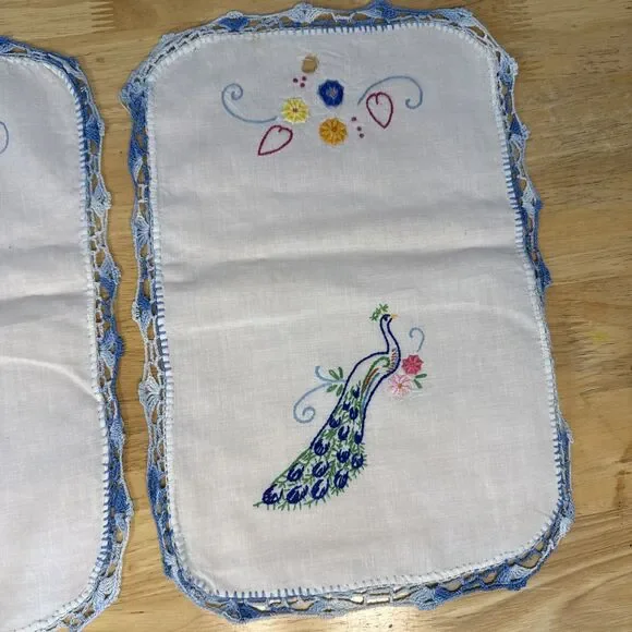 VTG Embroidered White Dresser Scarf Table Peacock Bird Flowers 39x14 Set Of 4 - Picture 7 of 16